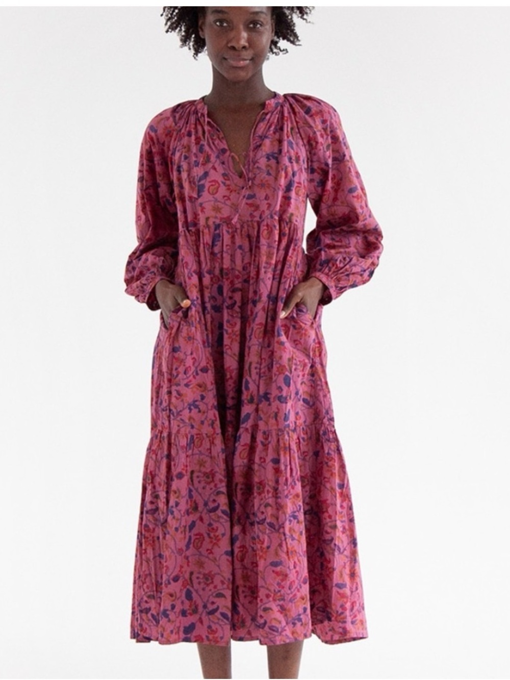 Pink Floral V-Neck Midi Dress